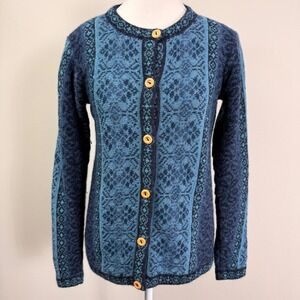 Novica Blue Andean Floral 100% Alpaca Wool Cardigan Sweater Small Made in Peru